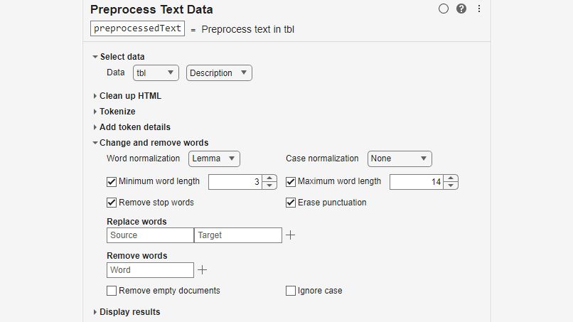 Screenshot of the Preprocess Text Data Live Editor task with results displayed as a word cloud.