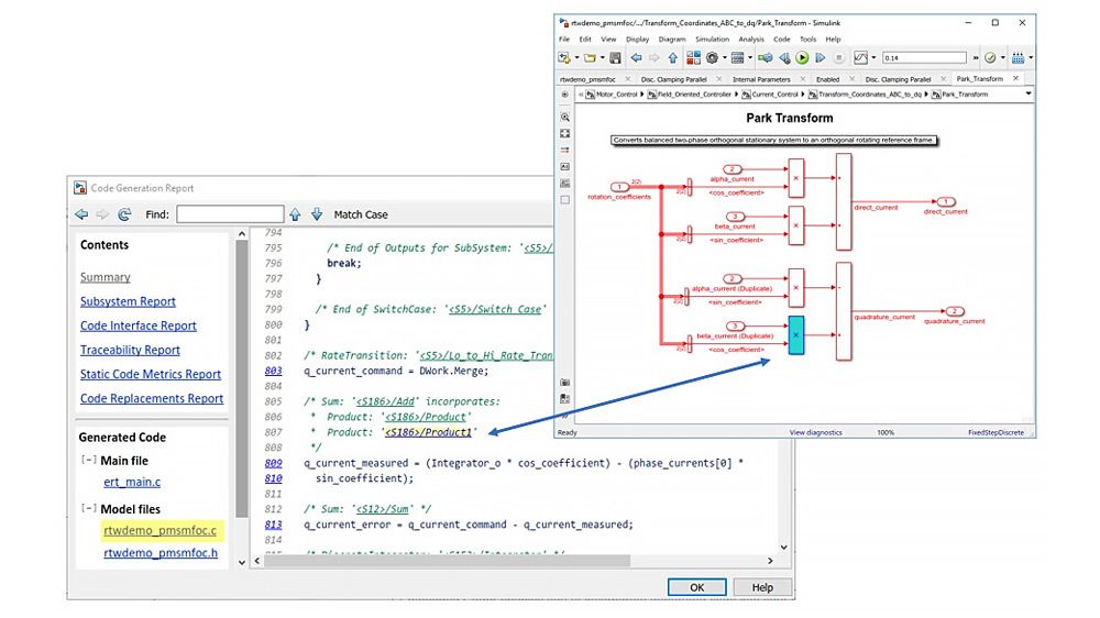 Bidirectional tracing of models and code using interactive code reports 